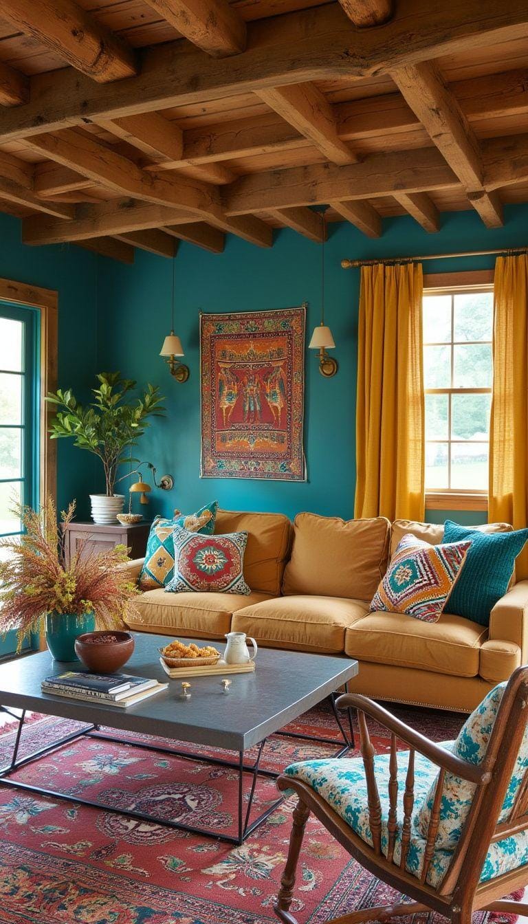 23 einzigartige Boho Farmhouse Wohnzimmer Ideen zum Kopieren 15 5. Vintage Vibrance: Mischen