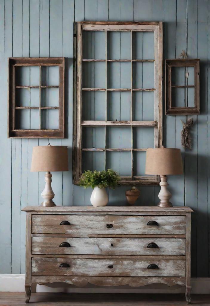 25 Charming Farmhouse Living Room Ideas For 2024 6 4. Vintage window wall decor-0
