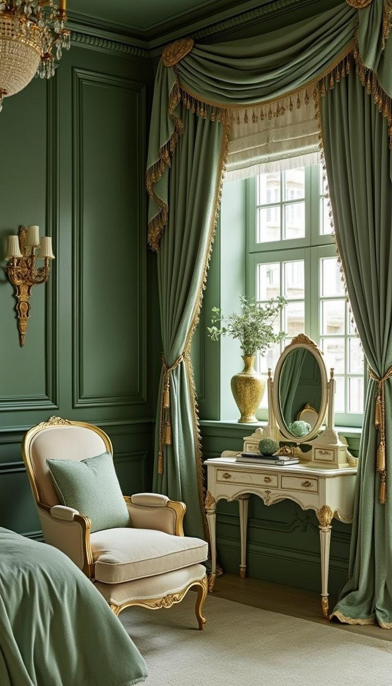 25 Trendy Sage Green Schlafzimmer Ideen für 2025 6 2. Vintage Glam Schlafzimmer mit Salbeigrünwänden und goldbeschichteten Möbeln-0