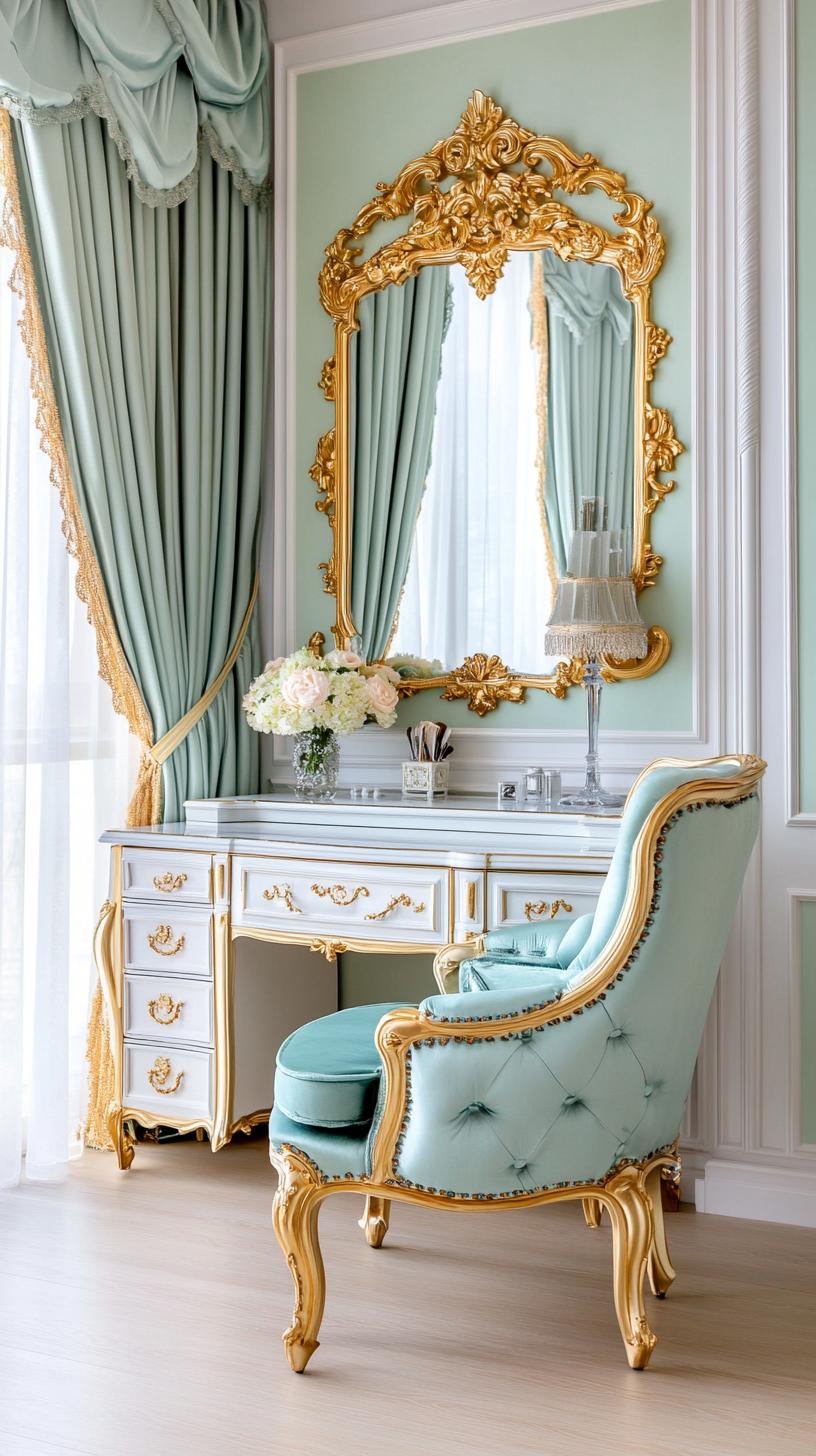 25 Trendy Sage Green Schlafzimmer Ideen für 2025 7 2. Vintage Glam Schlafzimmer mit Salbeigrünwänden und goldbeschichteten Möbeln-1