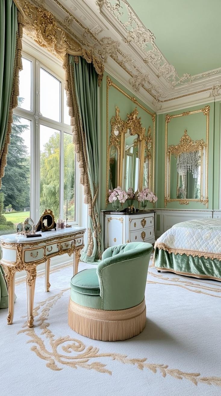 25 Trendy Sage Green Schlafzimmer Ideen für 2025 8 2. Vintage Glam Schlafzimmer mit Salbeigrünwänden und goldbeschichteten Möbeln-2