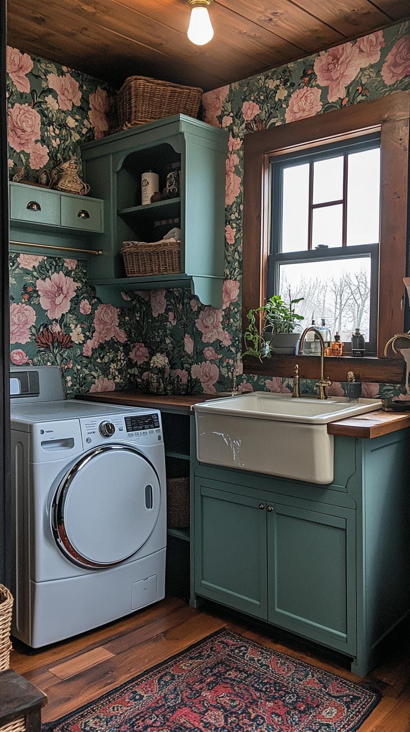 20 Genius Tiny laundry kitchen ideas: organization & stacked design 53 19. Vintage-inspired laundry room with an apron sink and wallpaper-0