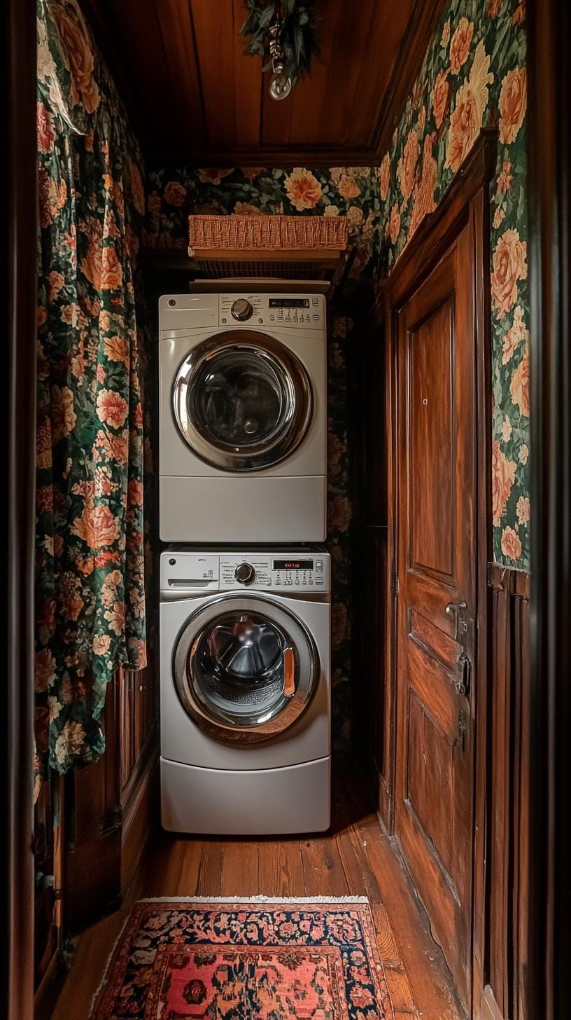 20 Genius Tiny laundry kitchen Ideas: Organization & Stacked Design 54 19. Vintage-inspired laundry room with apron sink and wallpaper-1