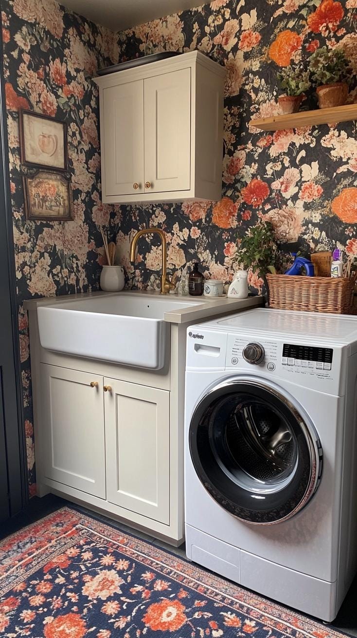 20 Genius Tiny laundry kitchen ideas: organization & stacked design 55 19. Vintage-inspired laundry room with apron sink and wallpaper-2