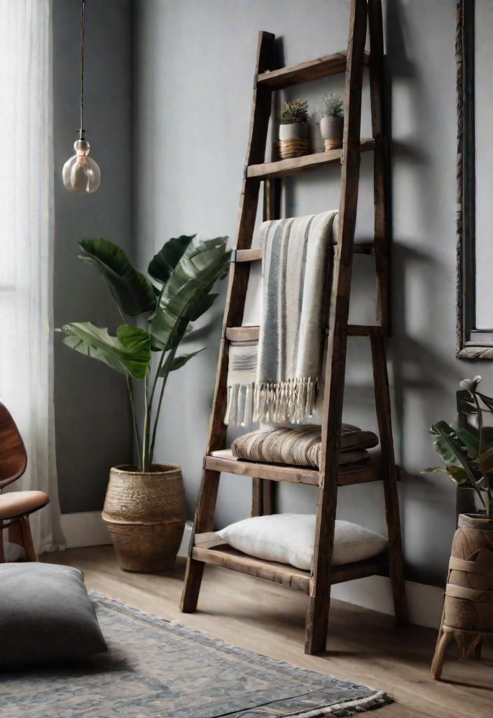 21 Inspirational Boho Living Room Ideas for 2024 22 19. Vintage Ladder Ceiling Storage-0
