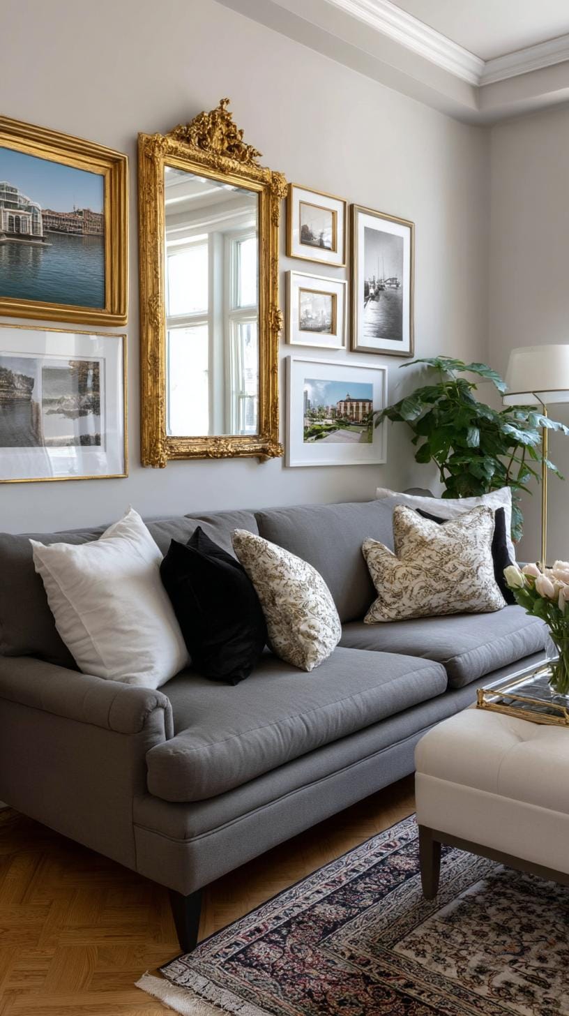 37 Gallery Wall Decor Ideas: Layouts And Styles to Elevate Any Room 62 20. Vintage mirror combo wall alternating mirrors with antique art prints-0