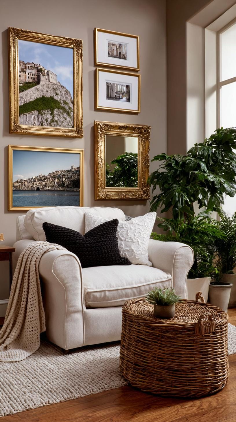 37 Gallery Wall Decor Ideas: Layouts And Styles to Elevate Any Room 63 20. Vintage mirror combo wall alternating mirrors with antique art prints-1