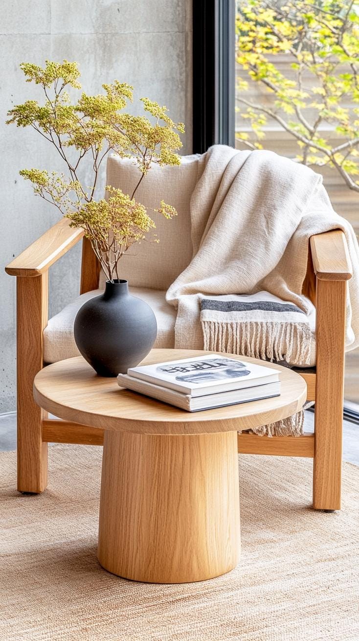 15 new Japandi living room ideas that you will love 6 2. Wabi-Sabi inspired rooms with vintage wood elements and linen throwing ceiling-1