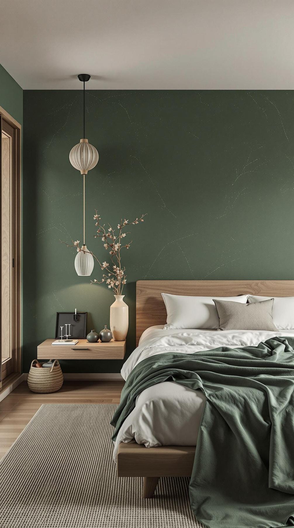 20 moody green bedroom ideas for a cozy retreat 47 15. Wabi-Sabi-Minimalism: Minimalist green-tinted plaster walls paired with natural wooden elements for a balanced mood-0