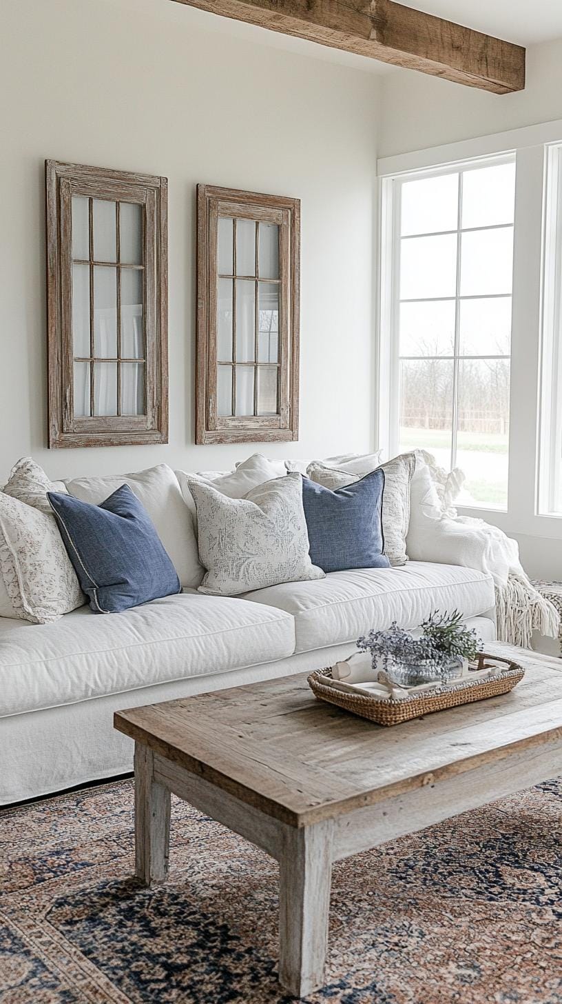 23 Best modern farmhouse living room ideas to inspire you 58 19. Wall-assembled vintage window frame as an art function 1