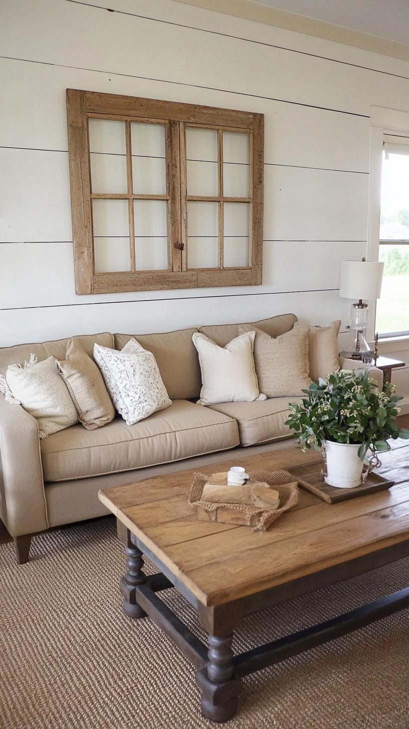 23 Best modern farmhouse living room ideas to inspire you 59 19. Wall-assembled vintage window frame as an art function 2