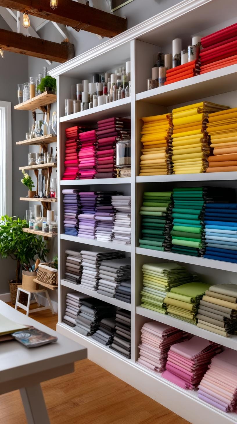 25 Bastelraum -Ideen mit genialen Organisation und Dekor Tipps 43 14. Wand aus Regenbogenpapier in offenen Regalen-1 gestapelt
