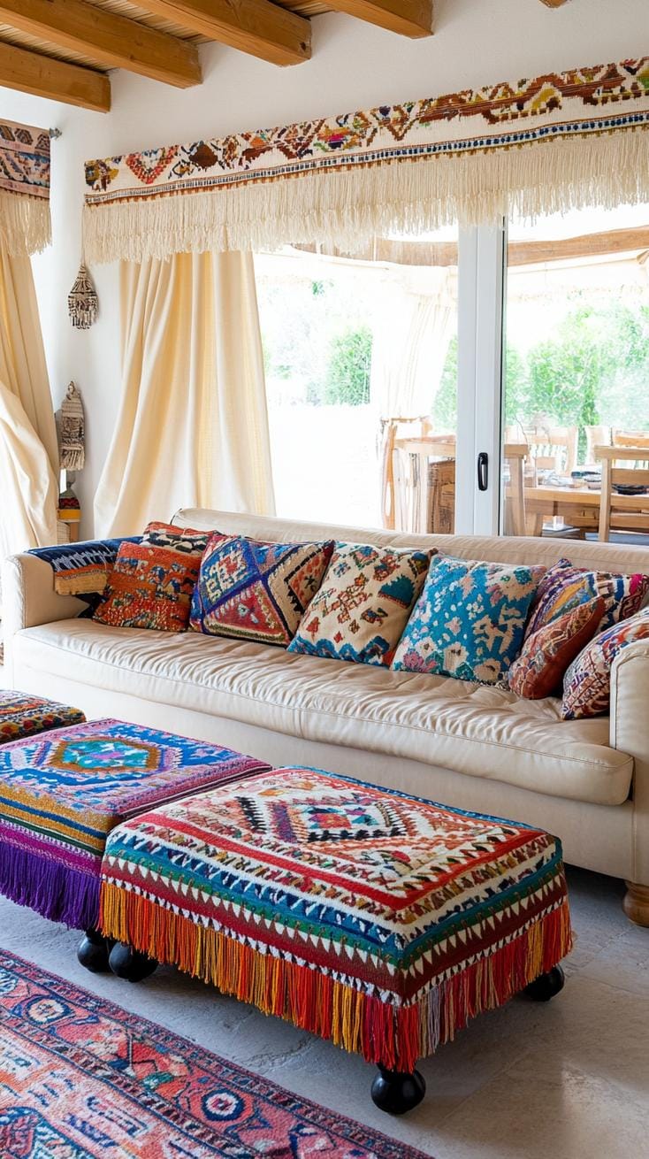 23 einzigartige Boho Farmhouse Wohnzimmer Ideen zum Kopieren 34 11. Fernwehnest: Mischen Sie globale Stoffe mit weichen Ledern und Quasten, fügen Sie luftige Vorhänge und Streukissenmuster hinzu, die von Travels-0 inspiriert sind.
