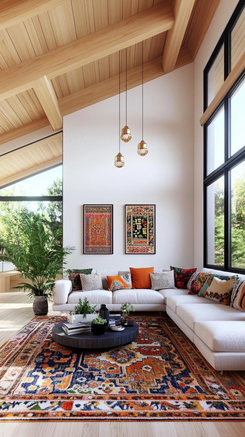 15 new Japandi living room ideas that you will love 16 6. Warm textile fusion: Scandinavian wool carpets meets Japanese Obi fabric cushion-0