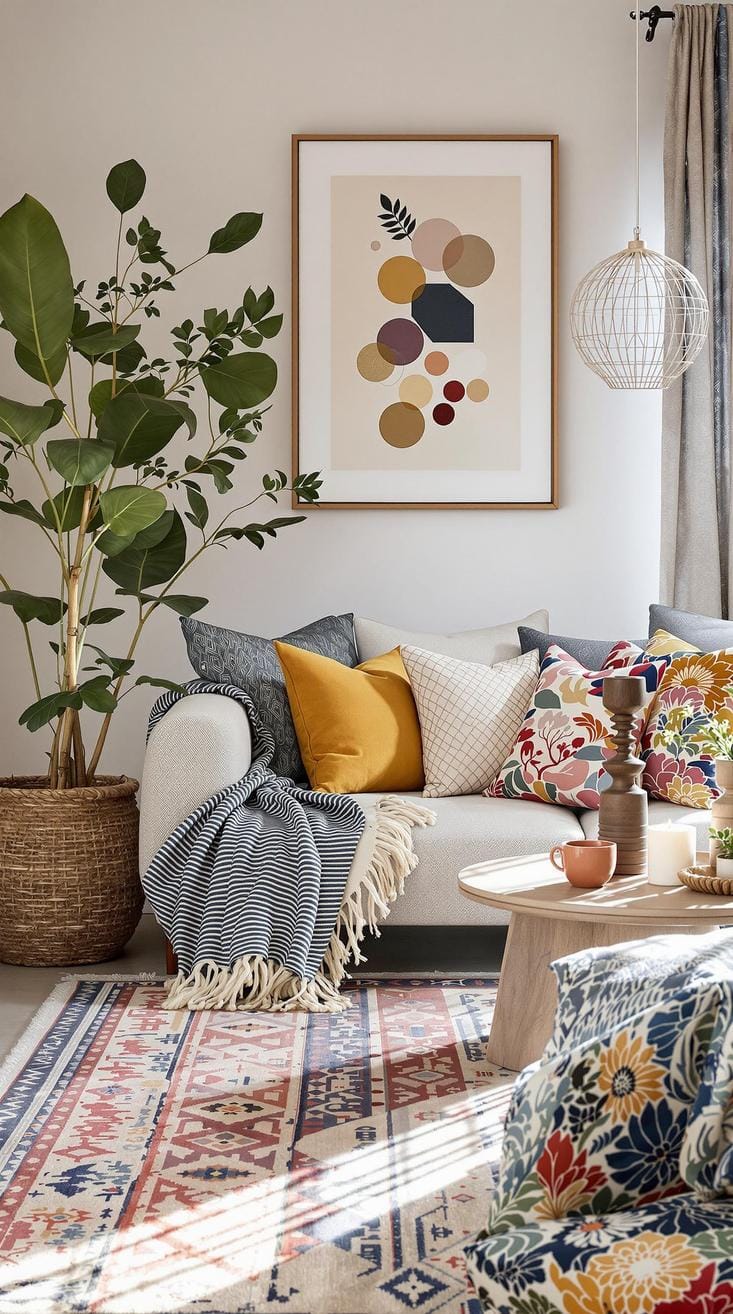 15 new Japandi living room ideas that you will love 17 6. Warm textile fusion: Scandinavian wool carpets meets Japanese Obi fabric cushion-1