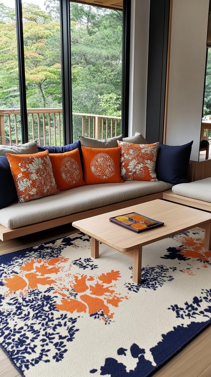15 new Japandi living room ideas that you love 18 6. Warm textile fusion: Scandinavian wool carpets meets Japanese Obi fabric cushion-2