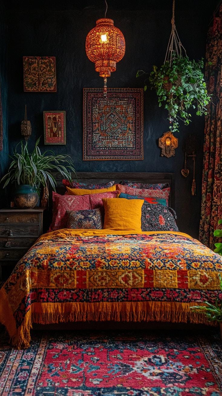 23 Recherent atmospheric Boho bedroom ideas for copying 24 8. Warm, layered textiles on the bed with carpets in the Persian style-0