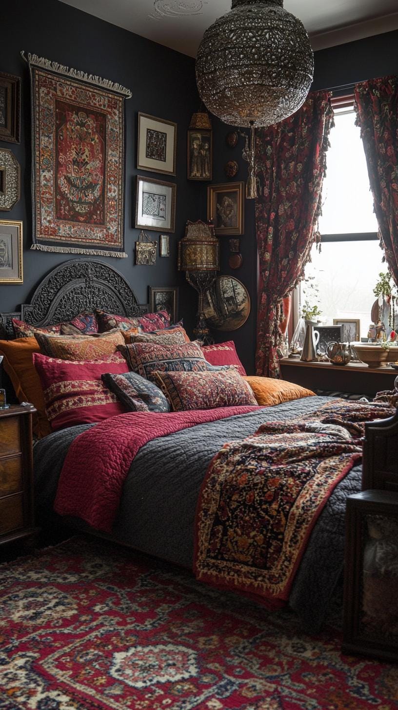 23 Atmospheric Boho bedroom ideas for copying 25 8. Warm, layered textiles on the bed with carpets in the Persian style-1