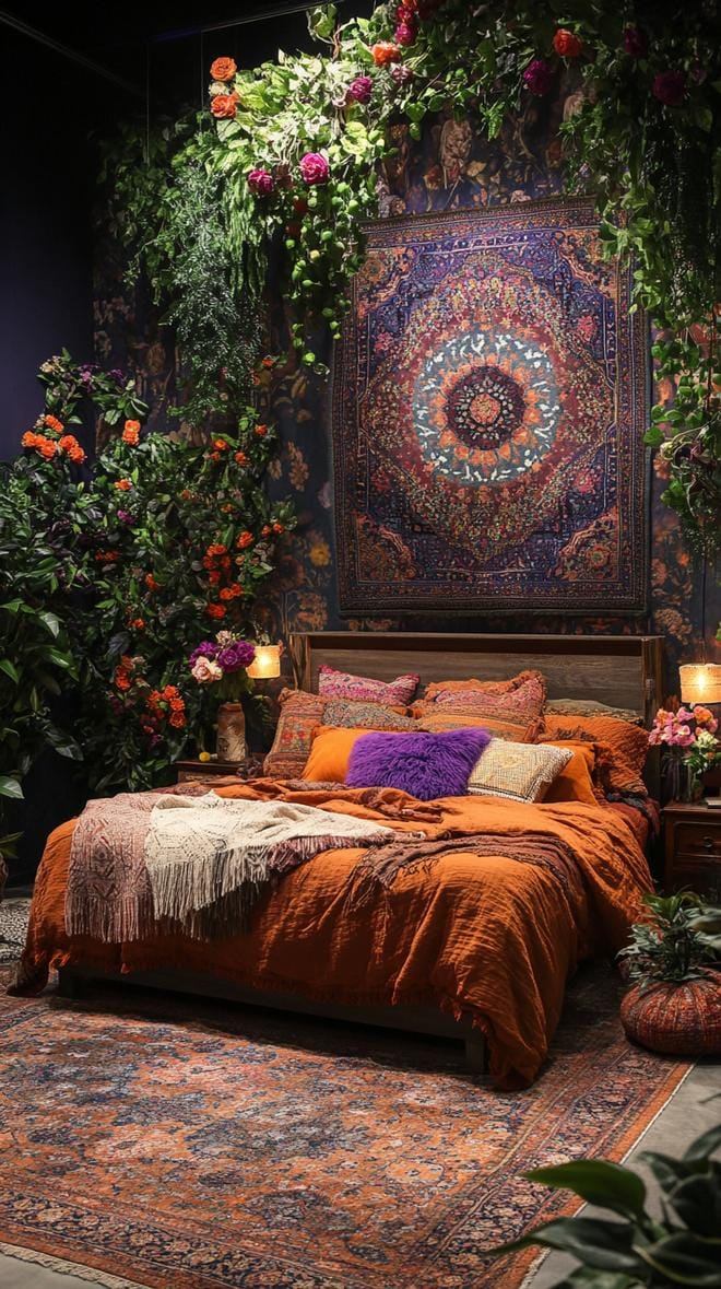 23 Atmospheric Boho bedroom ideas for copying 26 8. Warm, layered textiles on the bed with carpet in the Persian style-2