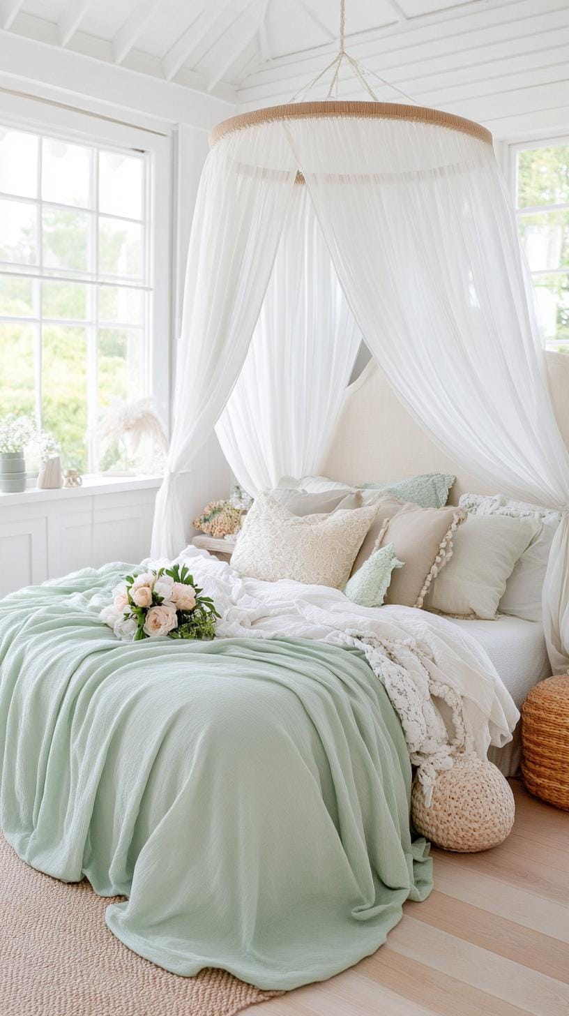 13. Wunderlichem Baldachin: Ziehen Sie das Bett mit einem Voile-Baldachin in Salbei an, um eine verträumte Bohemian-Flucht zu beschwören.