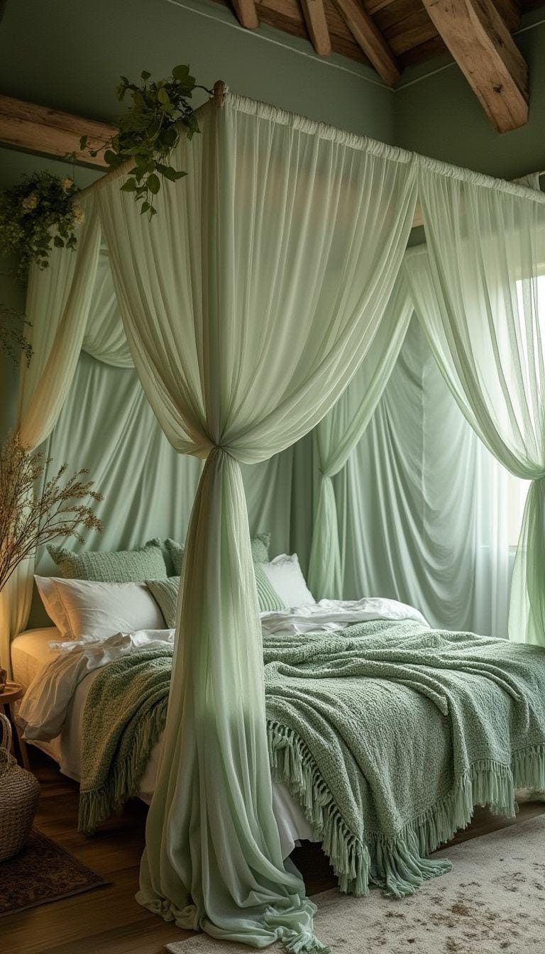 13. Wunderlichem Baldachin: Ziehen Sie das Bett mit einem Voile-Baldachin in Salbei an, um eine verträumte böhmische Flucht zu beschwören-1