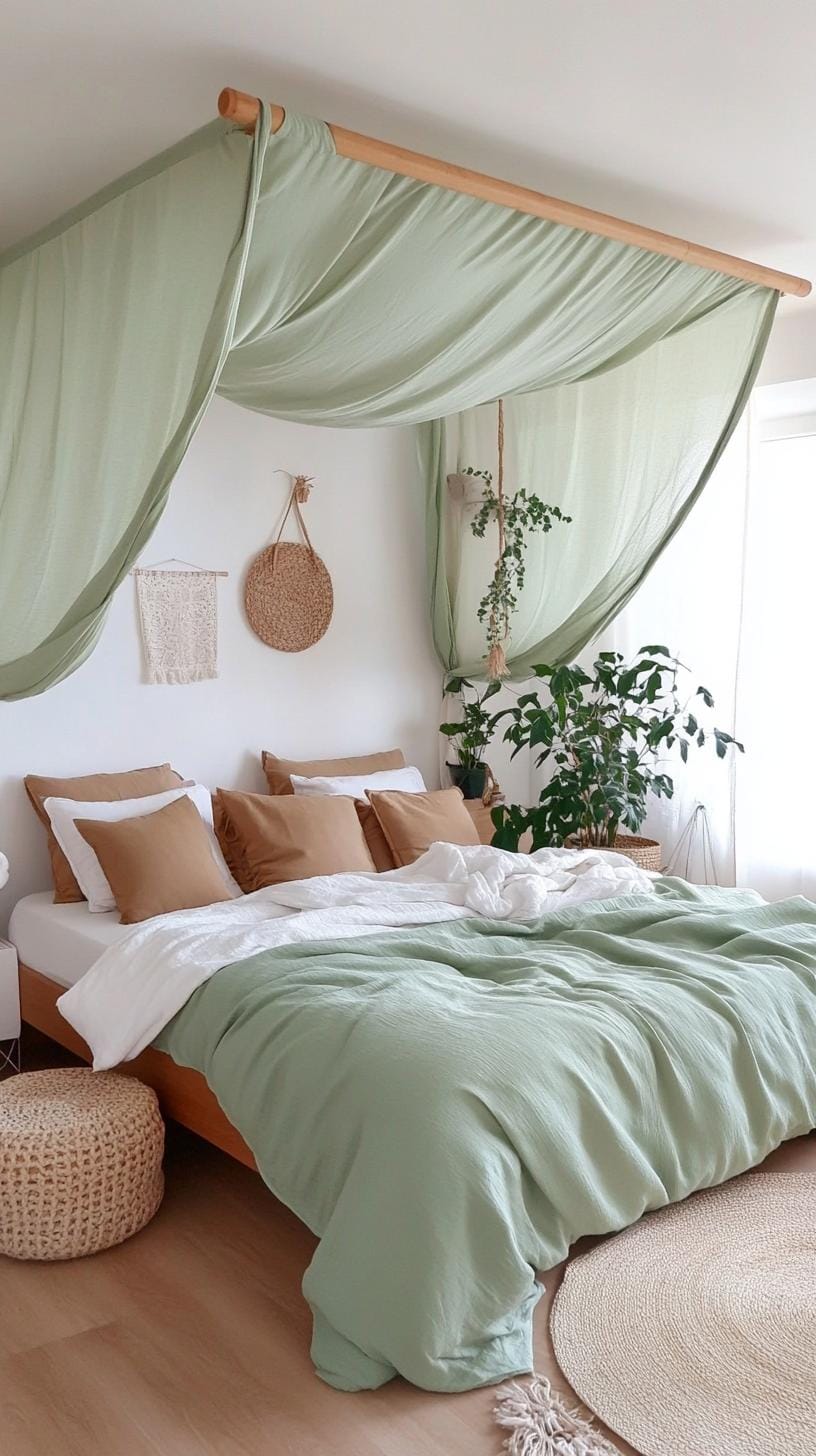 13. Wunderliches Baldachin: Ziehen Sie das Bett mit einem Voile-Baldachin in Salbei an, um ein verträumtes Bohemian Escape-2 zu beschwören
