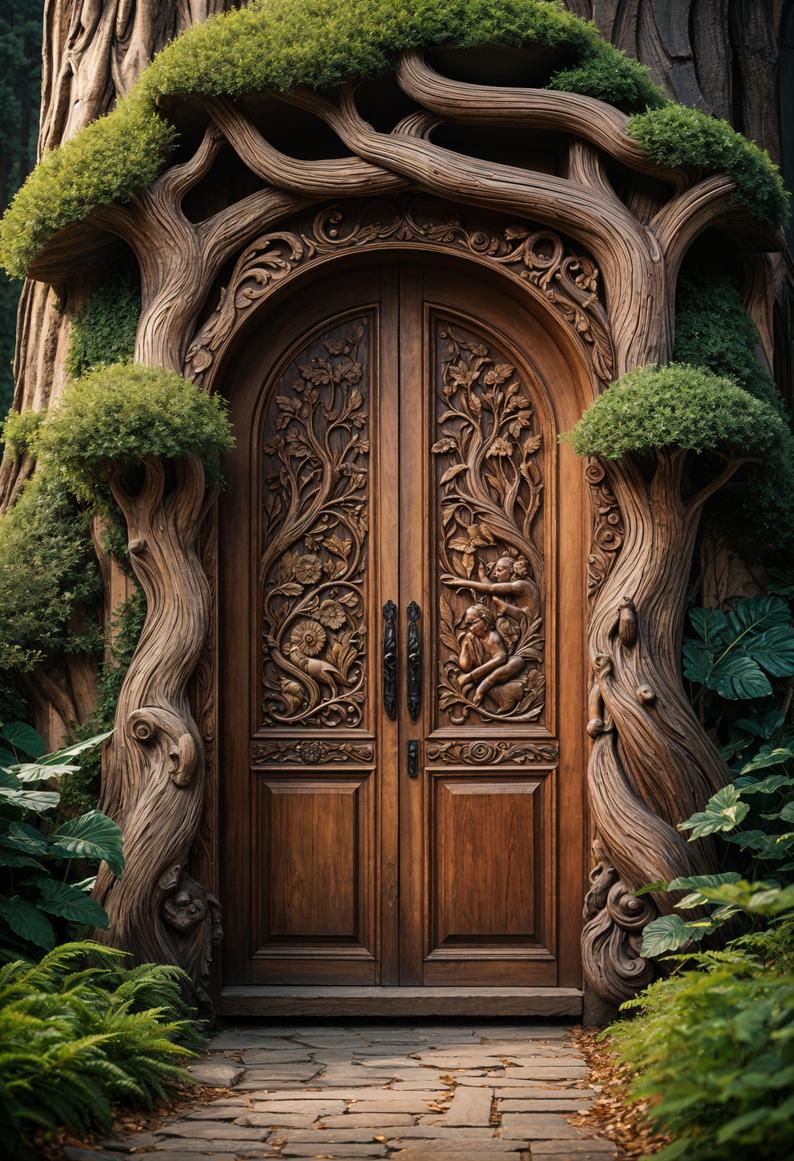 29 Stunning Wooden Door Designs for Main Entrances 36 16. Whimsical Carved Fairy-Tale Door-1