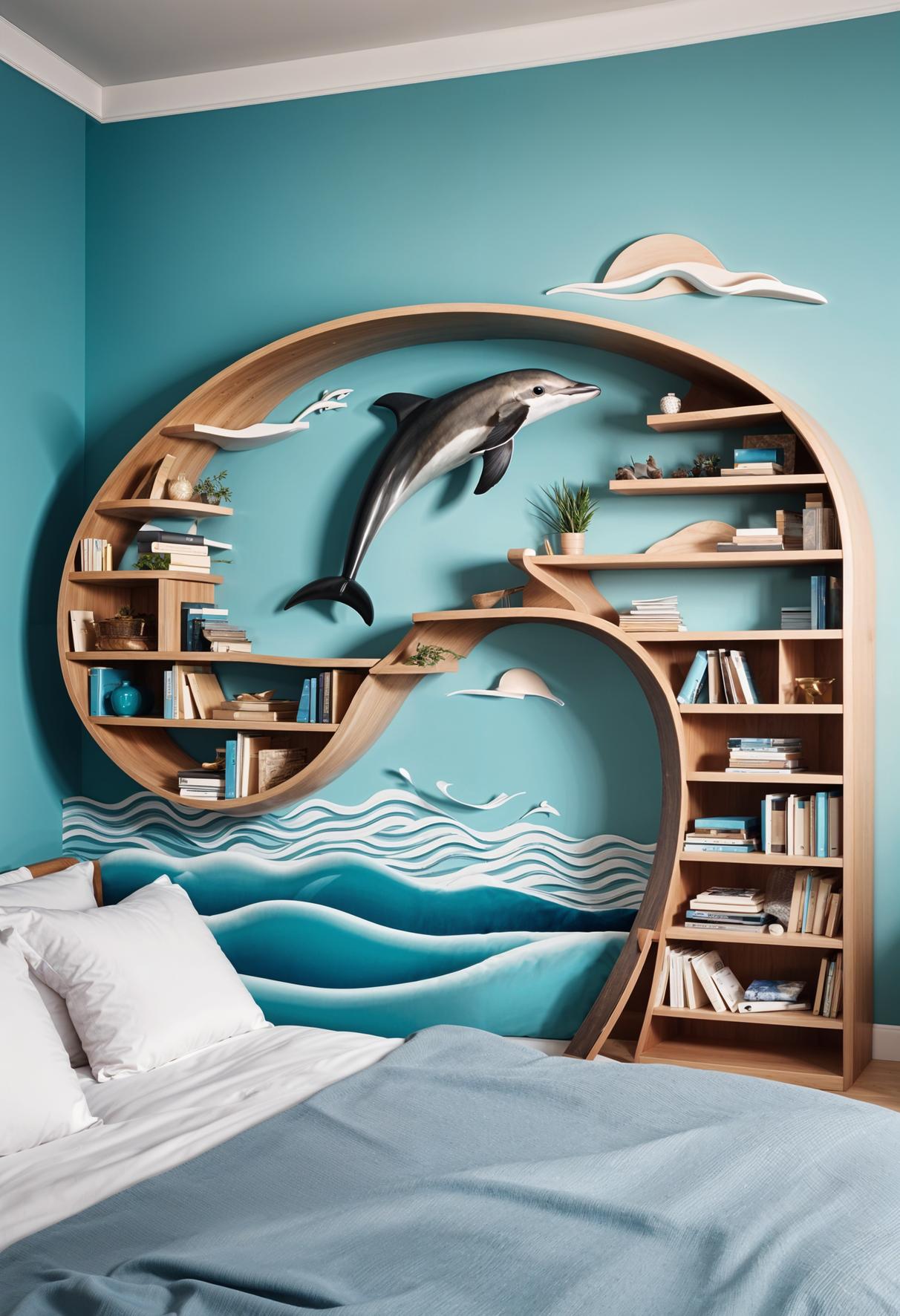 35 Super Cute Bedroom Decor Ideas to Spark Creativity 3 1. Whimsical Dolphin Wave Bookshelf Design-0