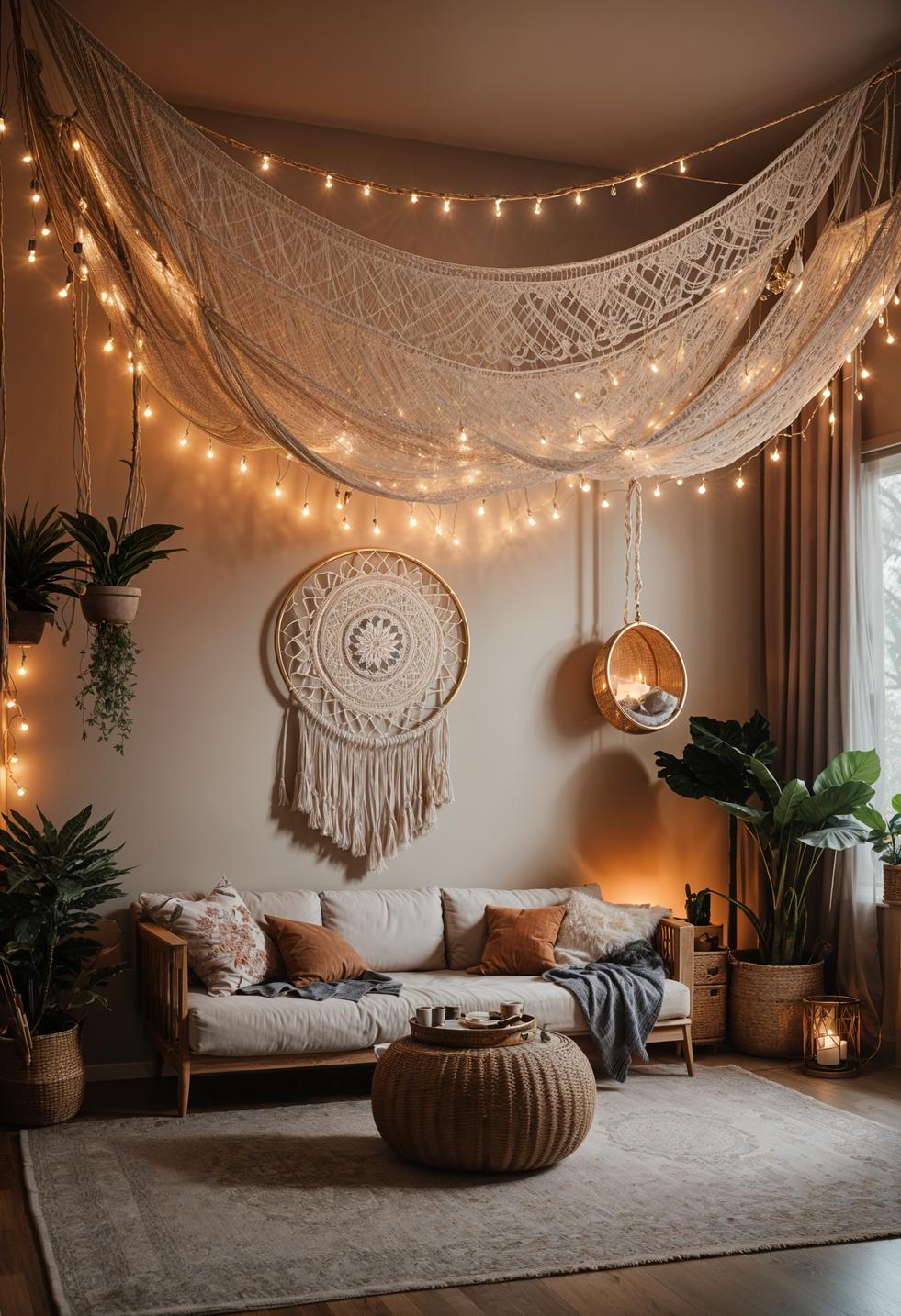 45 Chic & Modern Boho Living Room Ideas To Copy 43 18. Whimsical Light Canopy Tutorial-1
