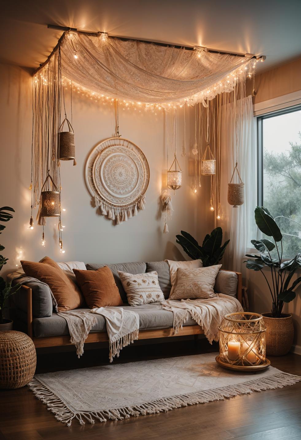 45 Chic & Modern Boho Living Room Ideas To Copy 44 18. Whimsical Light Canopy Tutorial-2