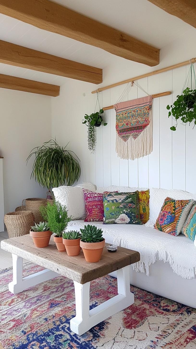 23 einzigartige Boho Farmhouse Wohnzimmer Ideen zum Kopieren 63 20. Wurzelnde Wildnis: Dot den Raum mit lebhaften Sukkulenten in nicht übereinstimmenden Töpfen, zusammen mit Laune Wind Glocken und gestickten Wandteppichen als Wandkunst-0