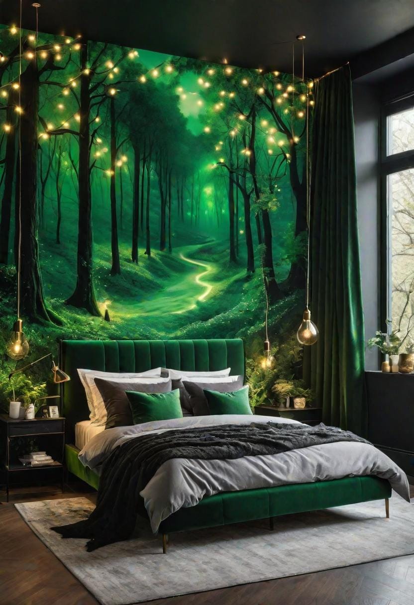 20 elegant black and green bedroom ideas that you have to see 43 14. Rooting wilderness: Stay the lights and green murals of enchanted forests with black furniture accents-0