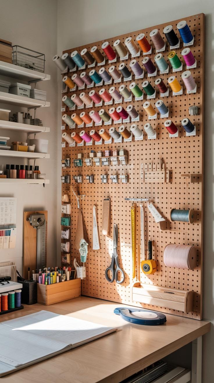 25 Bastelraum -Ideen mit genialen Organisation und Dekor Tipps 3 1. Weiße Pegboard-Wand mit farbenfrohen Fadenspulen-0
