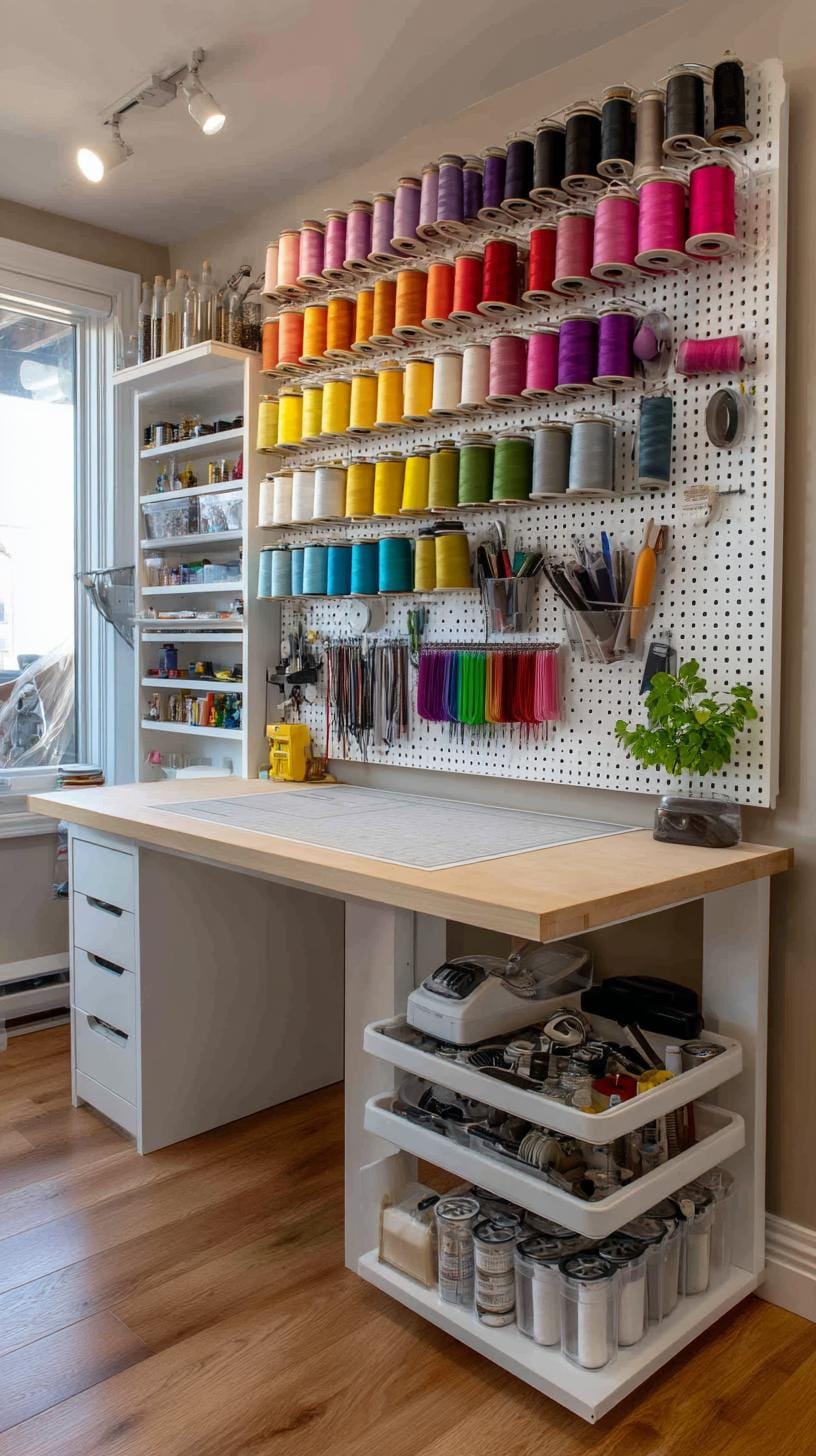 25 Bastelraumideen mit genialen Organisation und Dekor Tipps 4 1. Weiße Pegboard-Wand mit farbenfrohen Fadenspulen-1