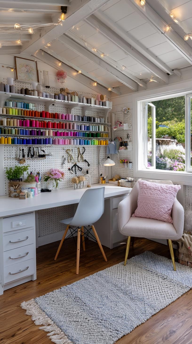 25 Bastelraum Ideen mit genialen Organisation und Dekor Tipps 5 1. Weiße Pegboard-Wand mit farbenfrohen Fadenspulen-2