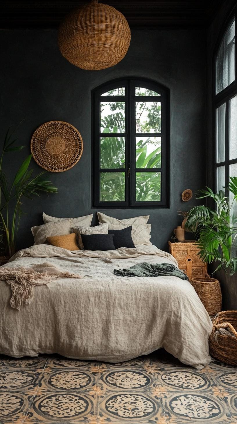 23 Mopy atmospheric Boho bedrooms 9 3 .. Wicker and rattan decor against rich, earthy colored walls-0