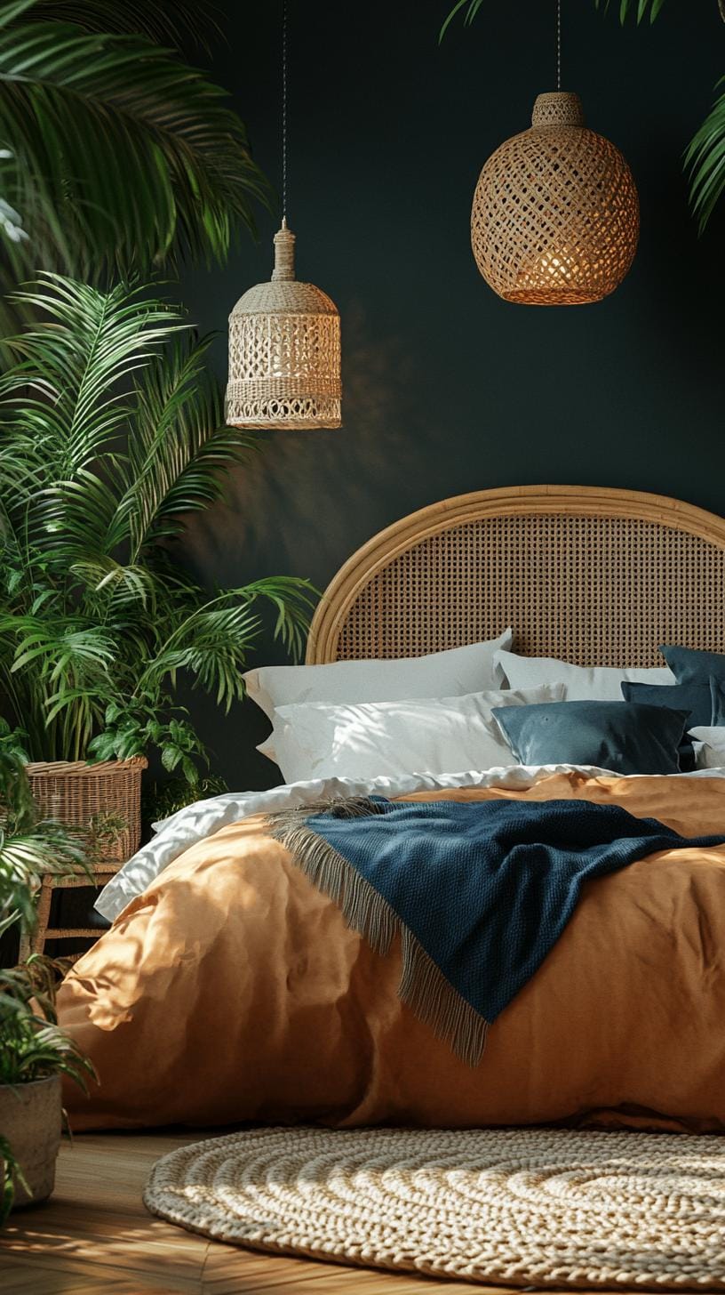 23 Atmospheric Boho bedroom ideas for copying 10 3 .. Wicker and rattan decor against rich, earthy colored walls-1