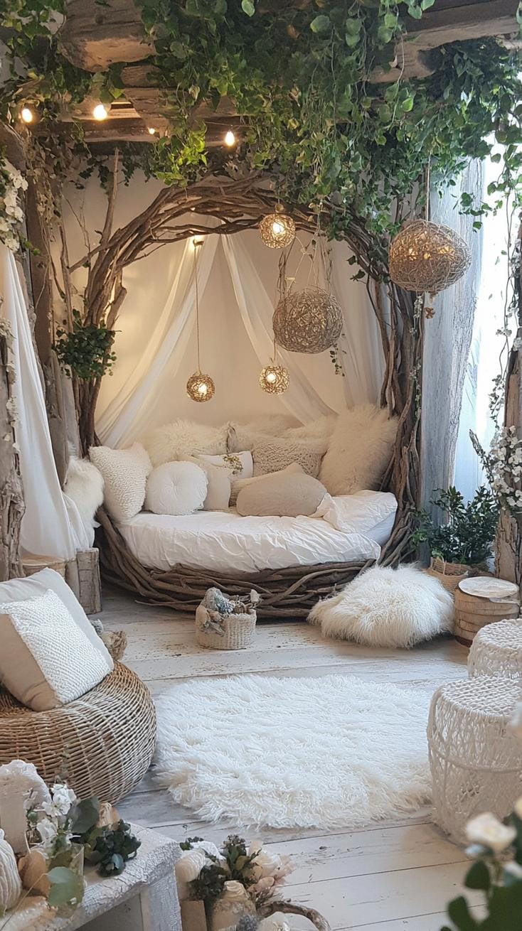 21 Enchanted Forest Nursery Ideas for a magical mood 42 15. Wood Nymph Nest with driftwood decor and neutral tones-2