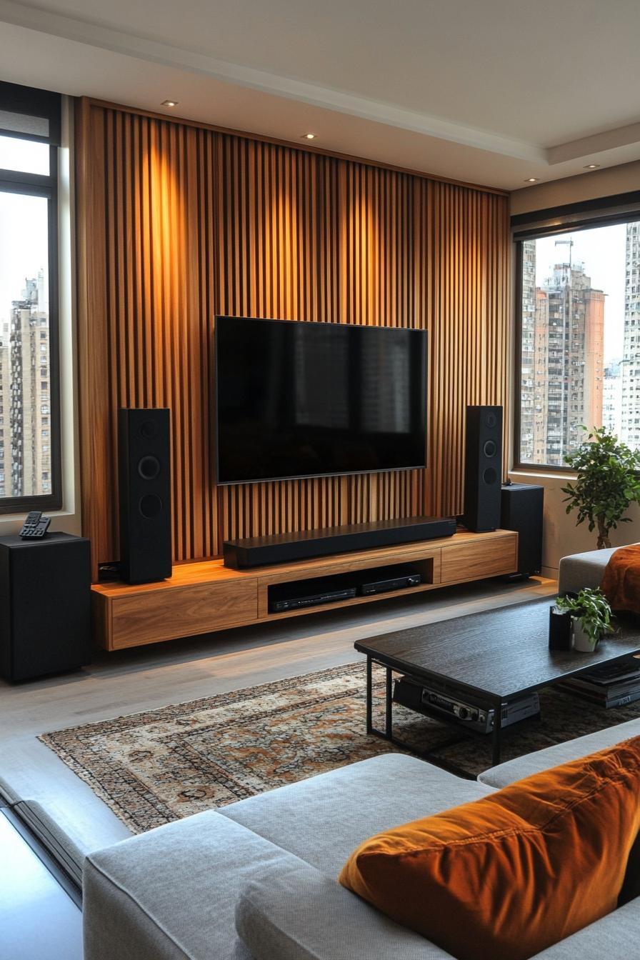 20 breathtaking living room wall decoration ideas 3 1. Wood Slat TV Wall Decor-0