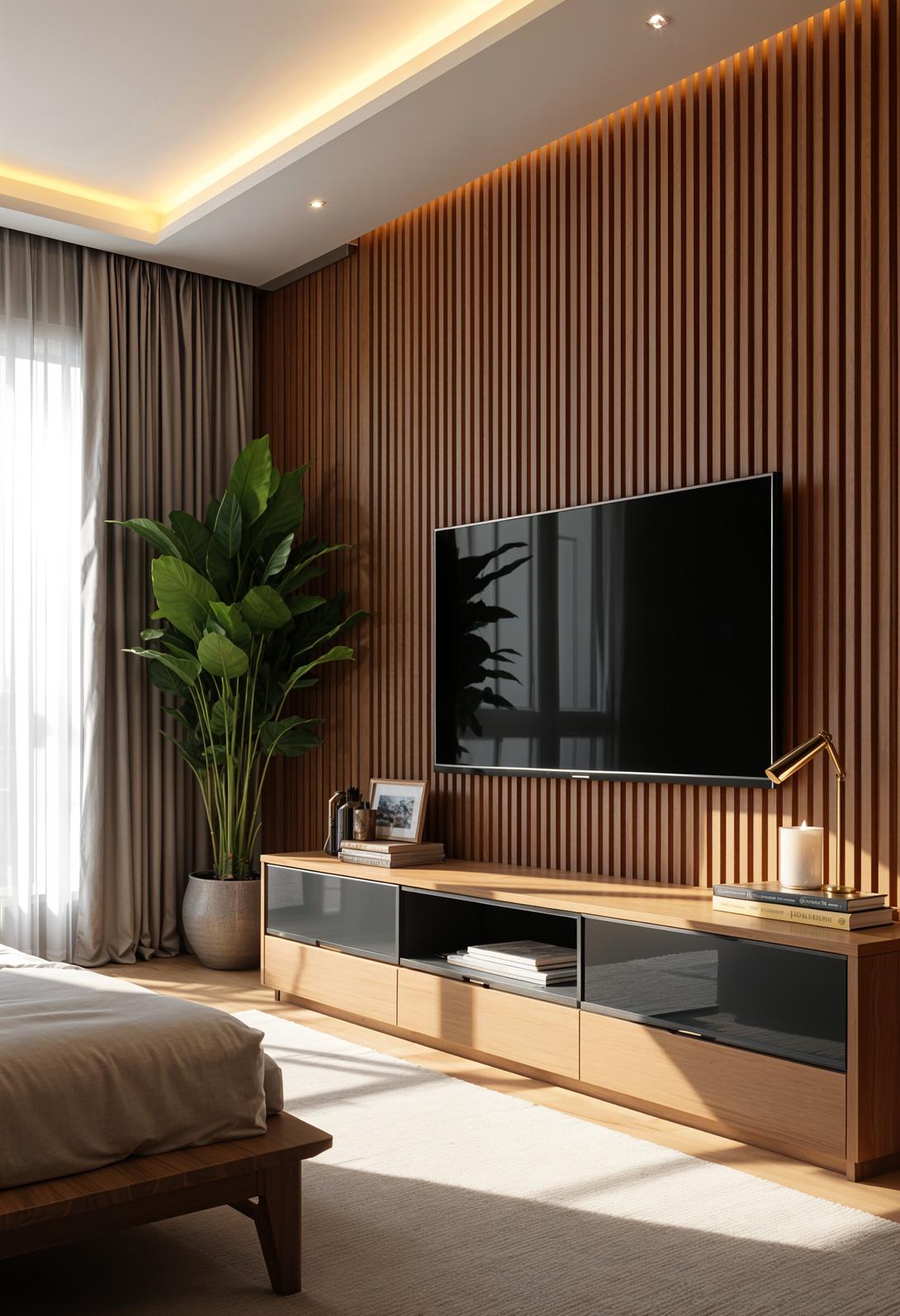 20 breathtaking living room wall decor ideas 4 1. Wood Slat TV Wall Decor-1