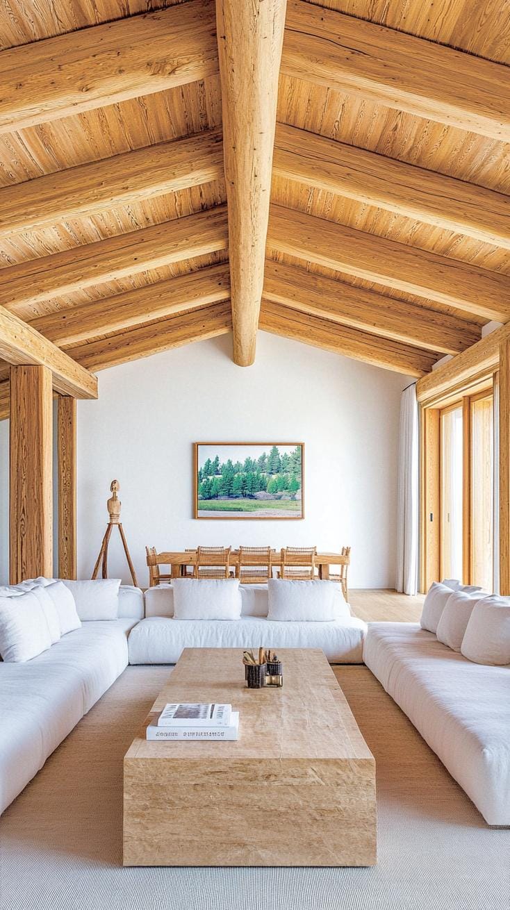 21 Cozy organic modern living room ideas for copying 41 14. Wooden beam paired with modern minimalist furniture-0