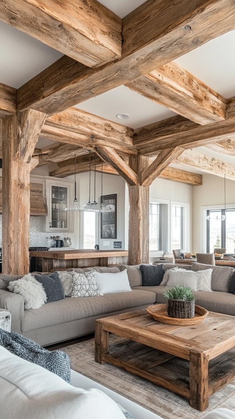 21 Cozy organic modern living room ideas for copying 42 14. Wooden beam paired with modern minimalist furniture-1