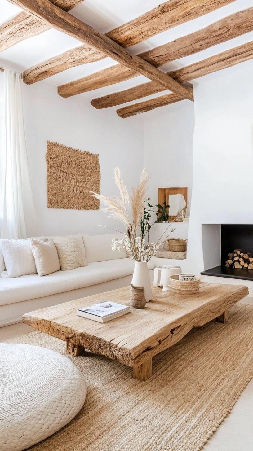 21 Cozy organic modern living room ideas for copying 43 14. Wooden beam paired with modern minimalist furniture-2