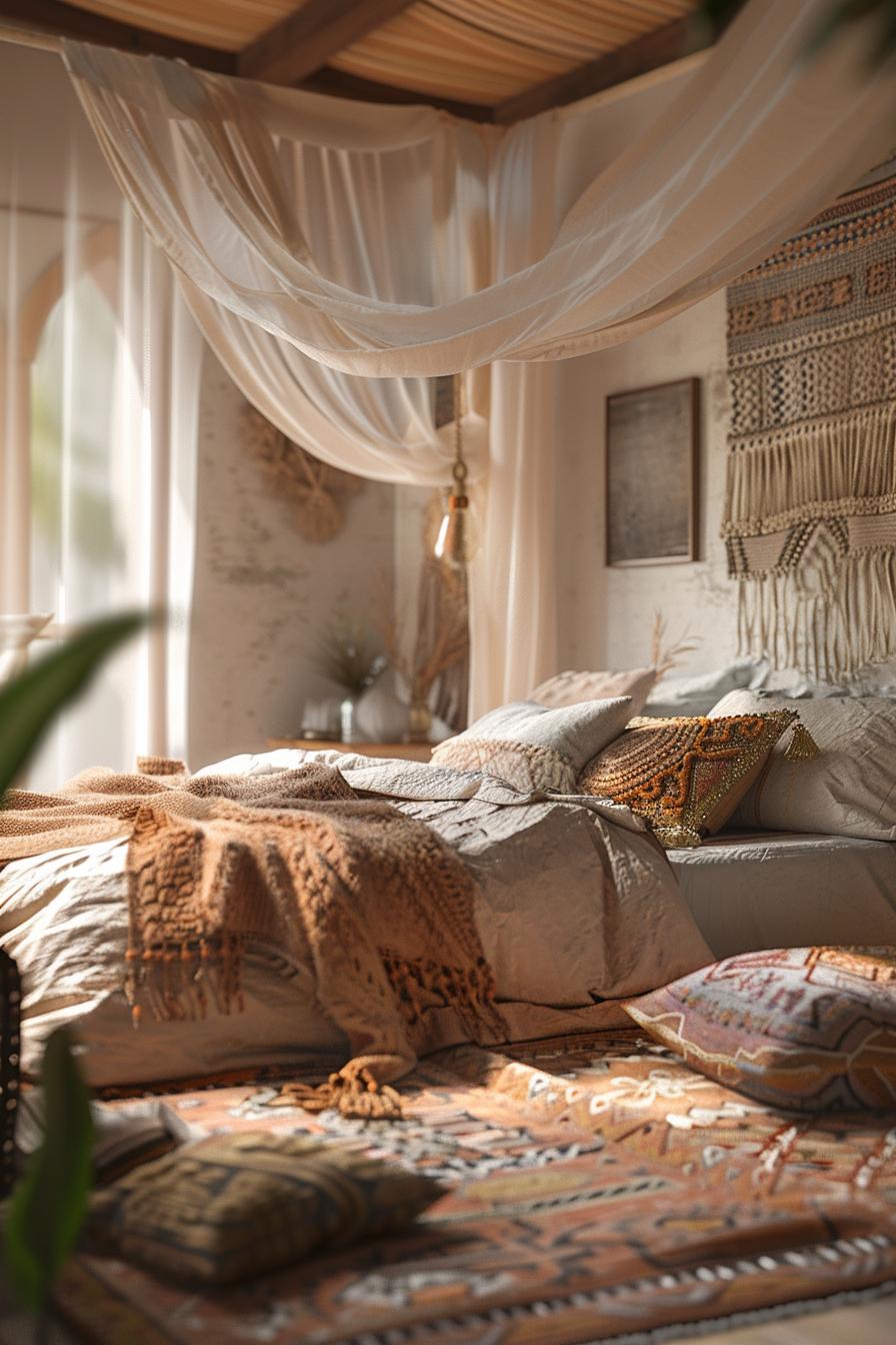 29 wunderschöne neutrale Boho -Schlafzimmer: verträumte und entspannende Räume 32 15. weltlicher Textilhase in Neutralen-0