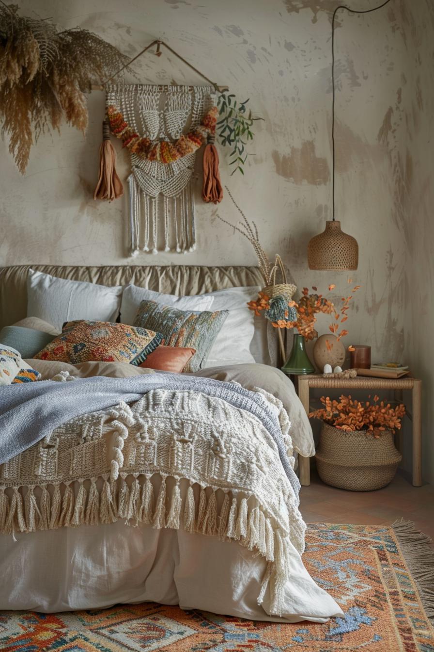 29 wunderschöne neutrale Boho -Schlafzimmer: verträumte und entspannende Räume 33 15. weltlicher Textilhafen in Neutralen-1