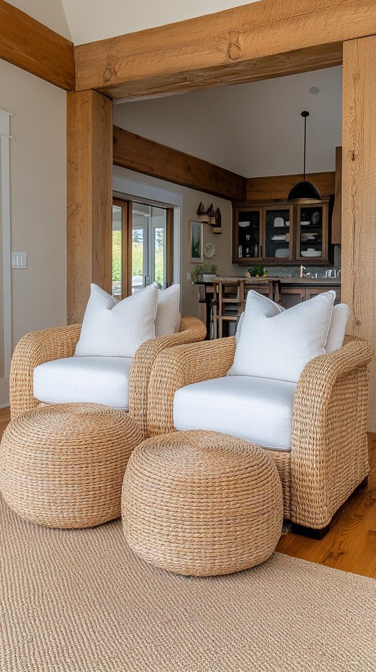 21 Cozy organic modern living room ideas for copying 19 6. Woven rattan or sea grass poufs for cozy seats