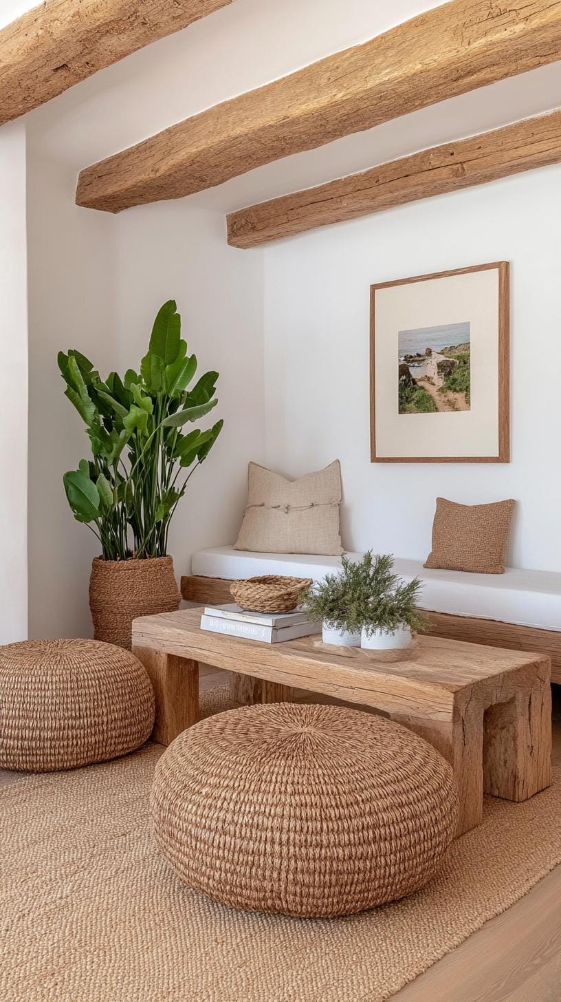 21 Cozy organic modern living room ideas for copying 20 6. Woven rattan or sea grass poufs for cozy seating plates-1