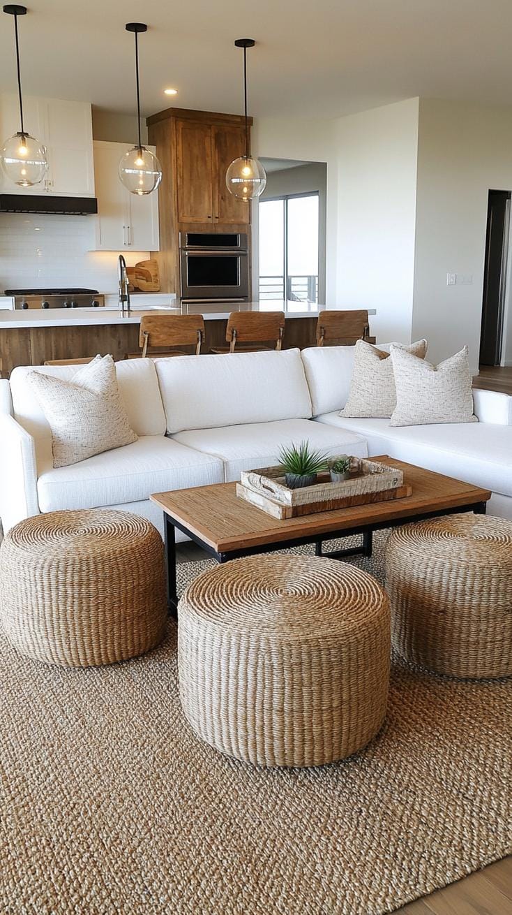 21 Cozy organic modern living room ideas for copying 21 6. Woven rattan or seagrass poufs for cozy seating places-2