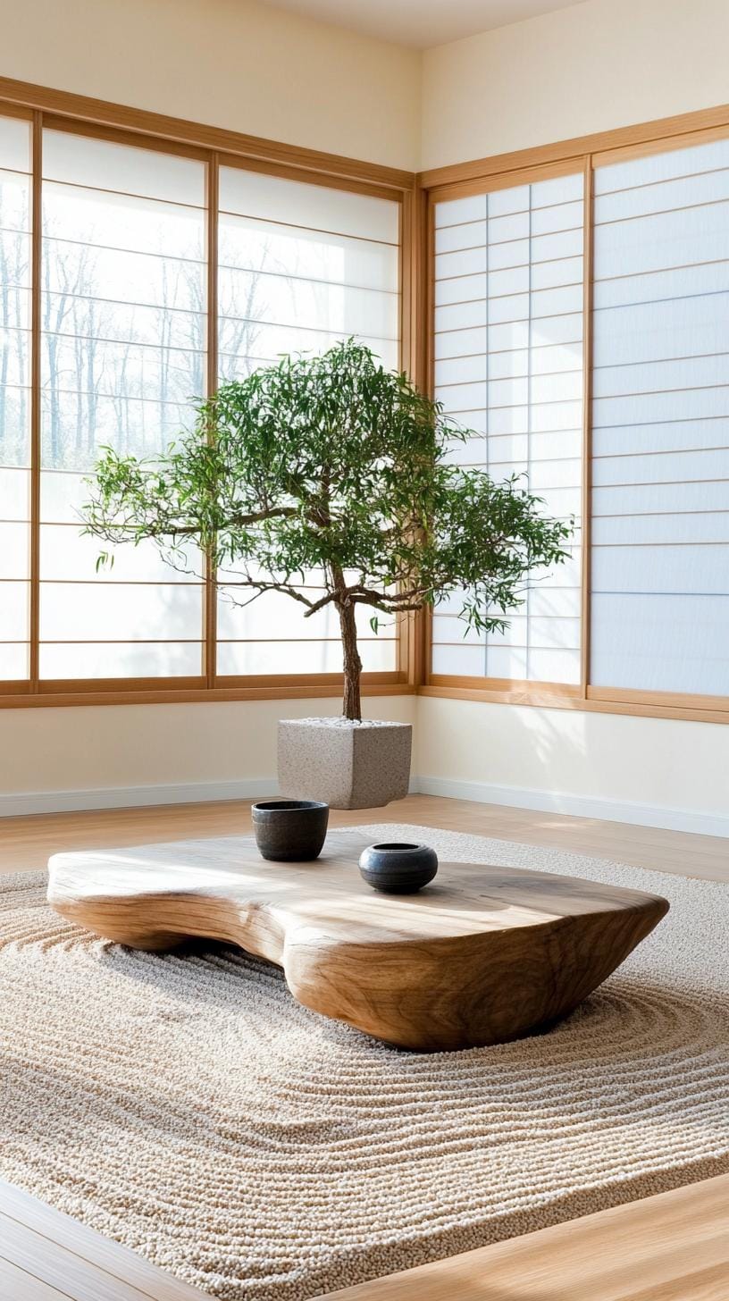 15 new Japandi living room ideas that you will love 13 5th Zen Garden Nook: Integration of pea gravel and bamboo divider-0