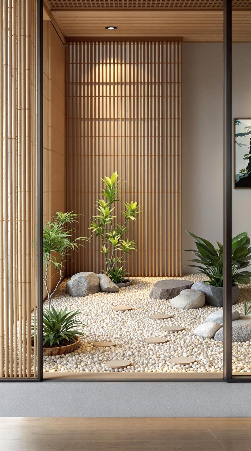 15 new Japandi living room ideas that you will love 14 5. Zen Garden Nook: Integration of pea gravel and bamboo divider-1